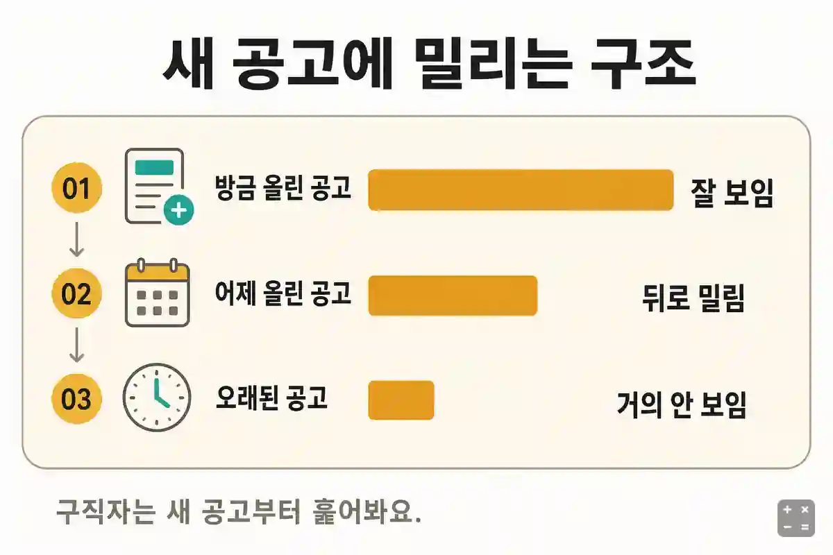새 공고에 밀리는 구조 — 방금 올린 공고·어제 올린 공고·오래된 공고 노출 비교