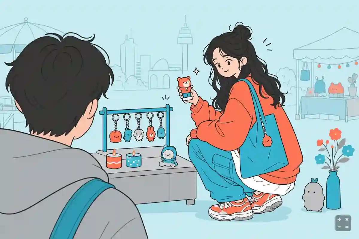 소품 페어 부스에서 키링과 피규어를 고르는 관람객