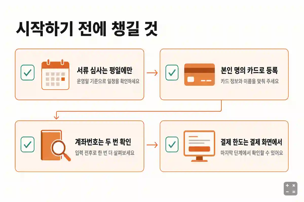 서류 심사는 평일에만·본인 명의 카드 등록·계좌번호 두 번 확인·결제 한도는 결제 화면 확인 목록