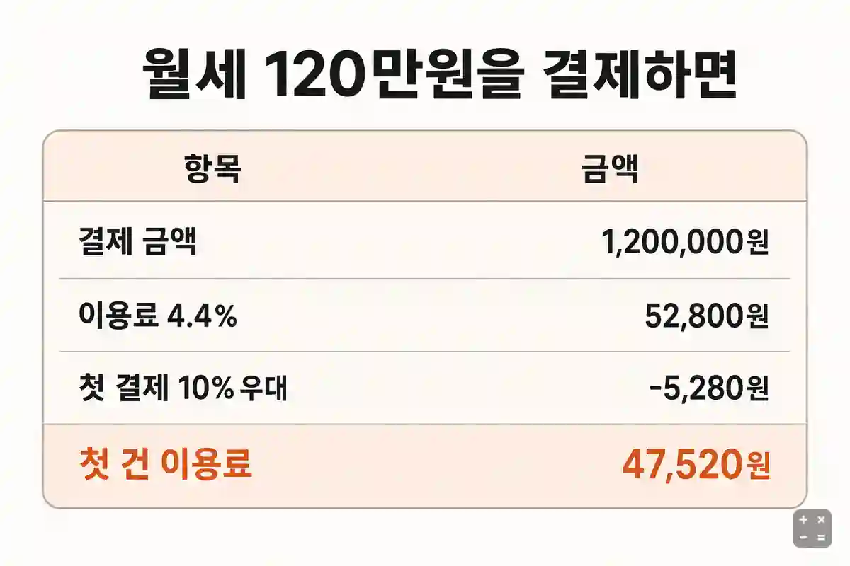 월세 120만원을 결제했을 때 이용료 4.4%와 첫 결제 10% 우대를 적용한 금액 표