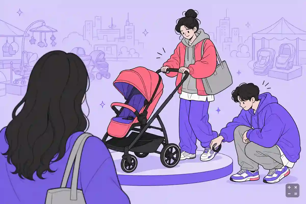 베이비페어에서 유모차를 직접 밀어보며 비교하는 부부