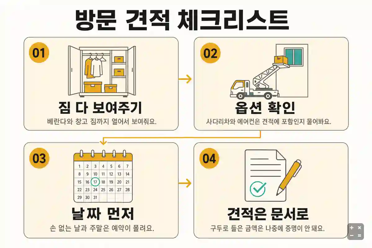 방문 견적 요령 세 가지 — 짐 목록, 추가 옵션, 날짜