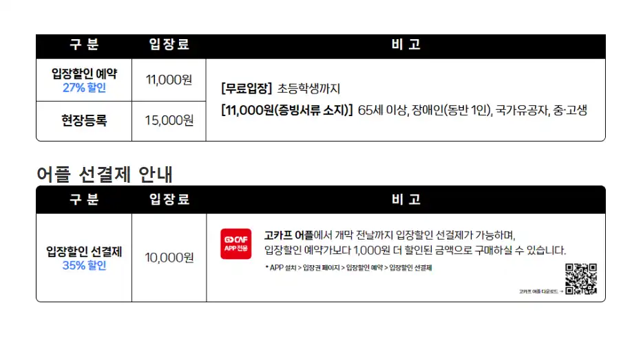 고카프 입장료 안내표와 앱 선결제 35% 할인표