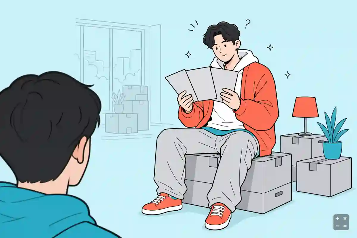 이삿짐 앞에서 견적서 여러 장을 비교하는 상황
