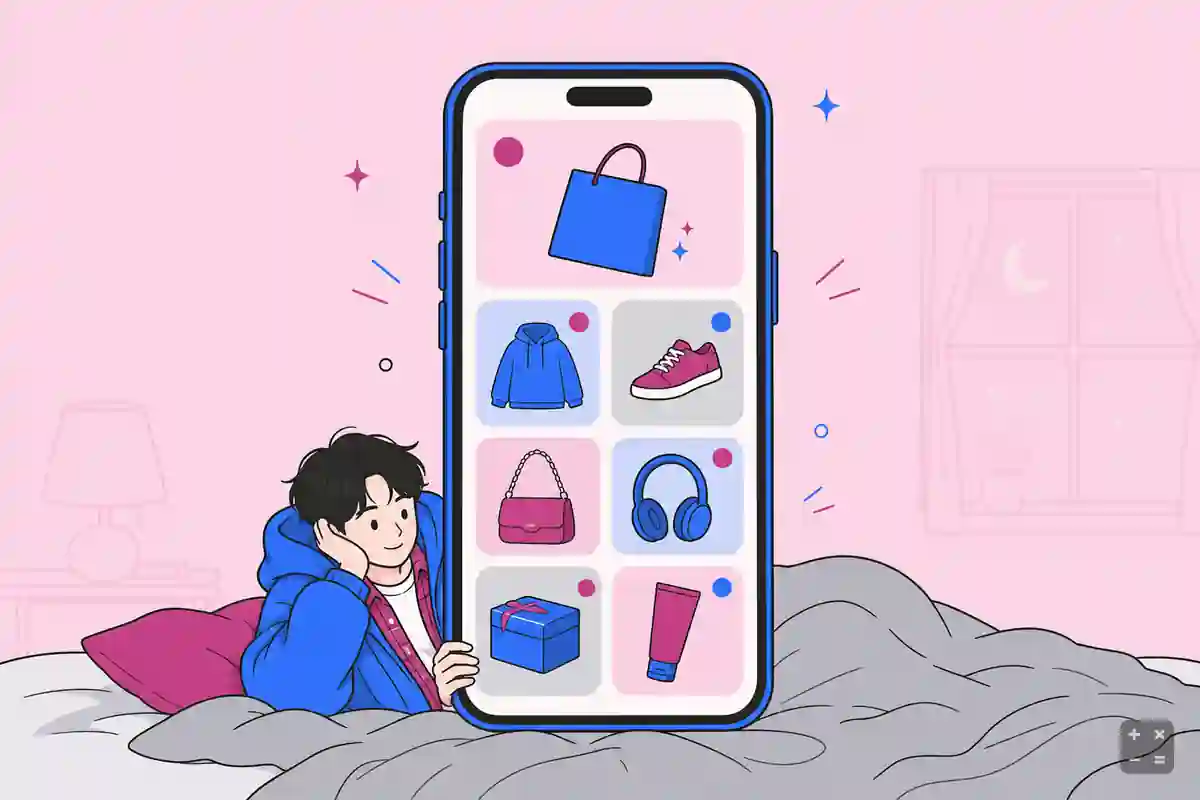 밤에 침대에서 웹툰을 몰아보는 상황
