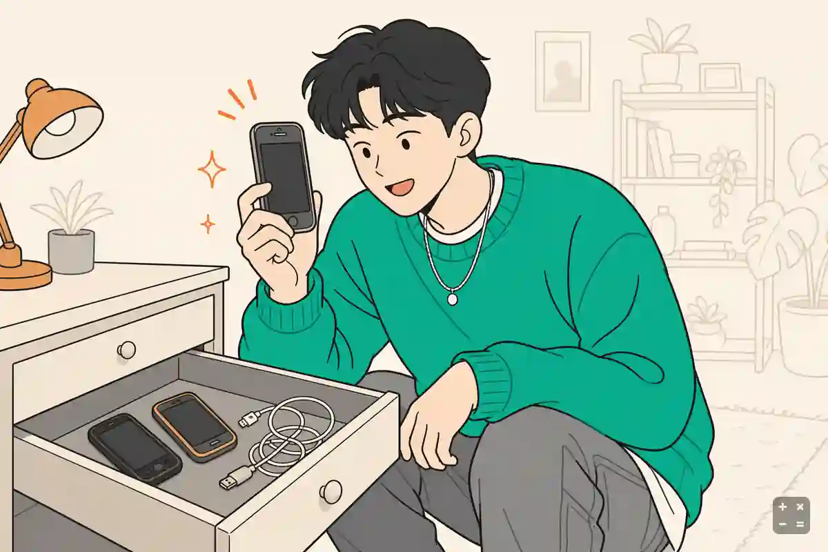 서랍 속에 안 쓰는 폰이 쌓여 있는 모습