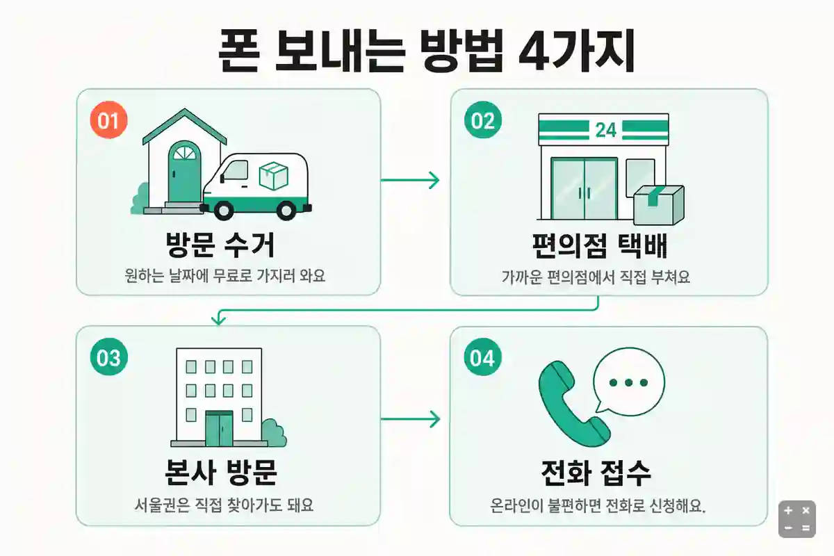기기 보내는 방법 4가지 — 방문 수거, 편의점 택배, 본사 방문, 전화 접수