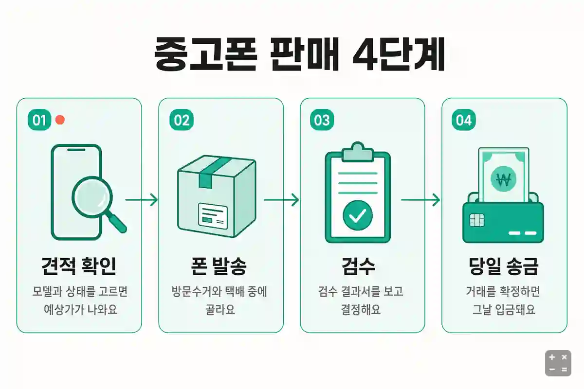 중고폰 판매 4단계 — 견적 확인, 폰 발송, 검수, 당일 송금