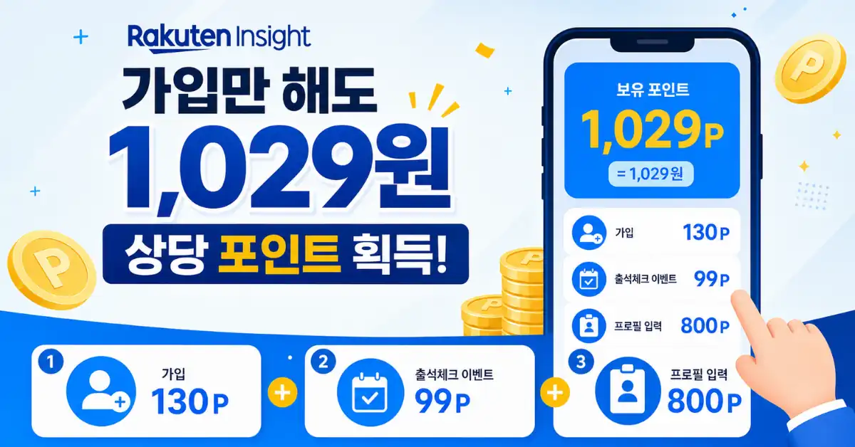라쿠텐 인사이트 가입 포인트 안내 - 가입 130P, 출석체크 99P, 프로필 입력 800P