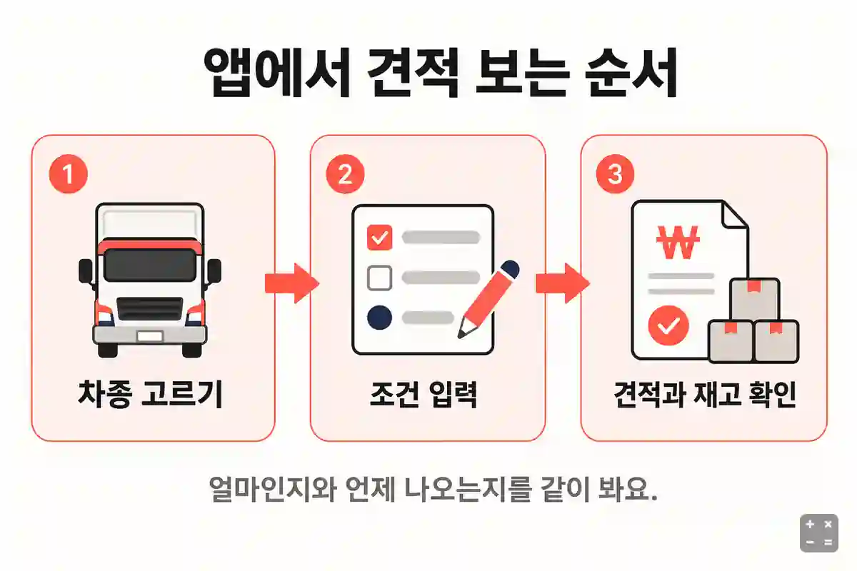 차종을 고르고 조건을 넣으면 견적과 재고를 함께 보여주는 순서